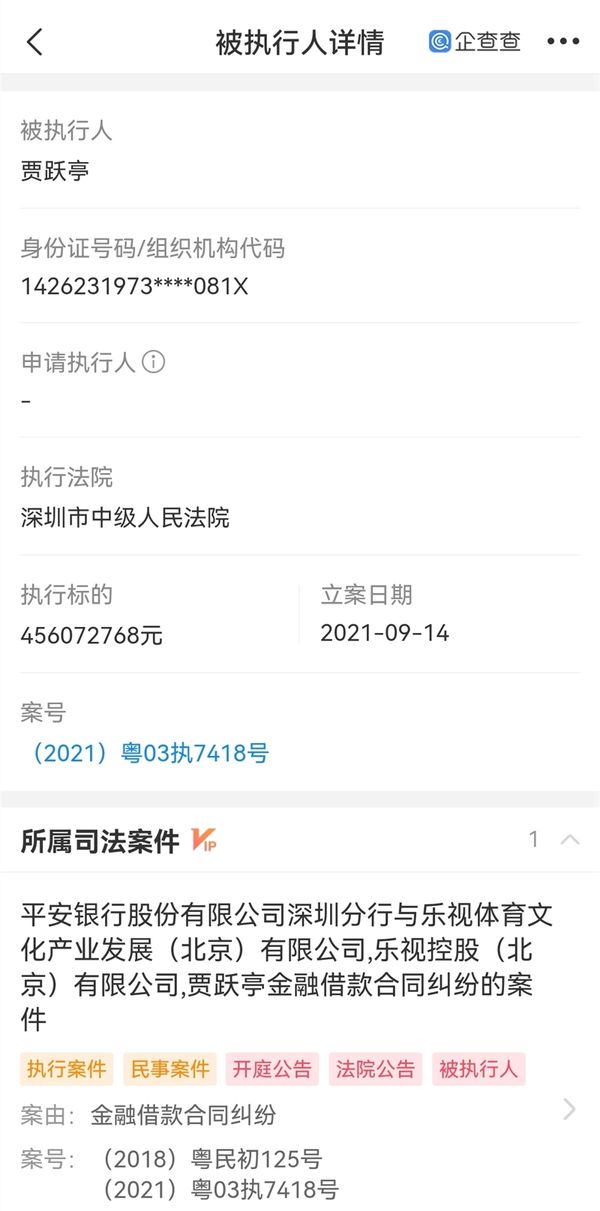 贾跃亭再被强制执行 4 亿元 累计被执行金额超 94.8 亿元