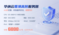 华纳云香港高防服务器150G防御4.6折促销，低至6888元/月，CN2大带宽直连清洗，终身循环折扣
